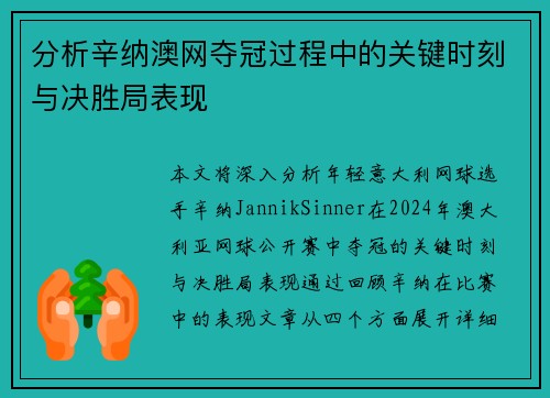 分析辛纳澳网夺冠过程中的关键时刻与决胜局表现