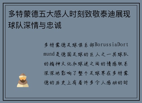 多特蒙德五大感人时刻致敬泰迪展现球队深情与忠诚