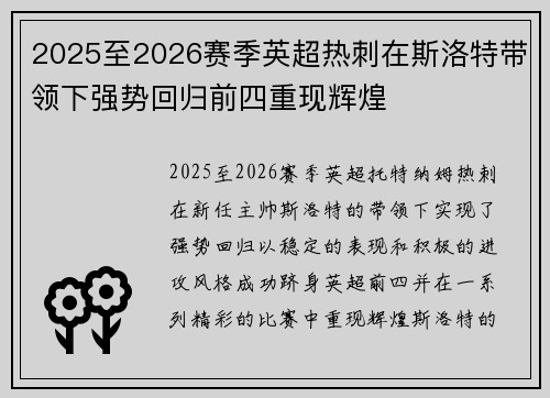 2025至2026赛季英超热刺在斯洛特带领下强势回归前四重现辉煌