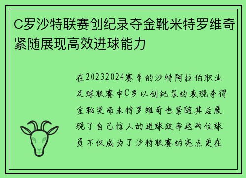C罗沙特联赛创纪录夺金靴米特罗维奇紧随展现高效进球能力