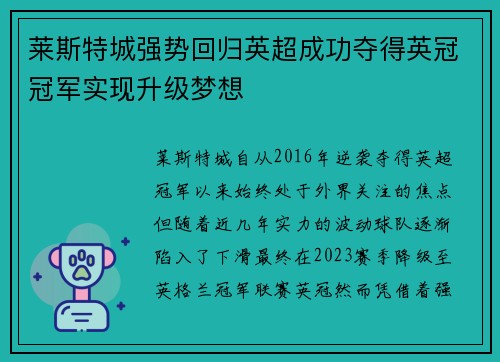 莱斯特城强势回归英超成功夺得英冠冠军实现升级梦想