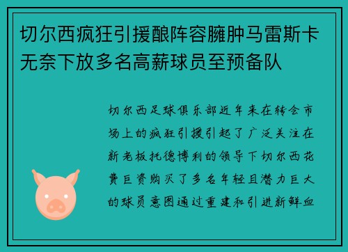 切尔西疯狂引援酿阵容臃肿马雷斯卡无奈下放多名高薪球员至预备队
